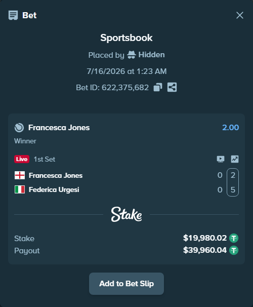 Bet slip: Francesca Jones - Federica Urgesi, $20,000.00 stake at 2.00 odds, placed by Hidden