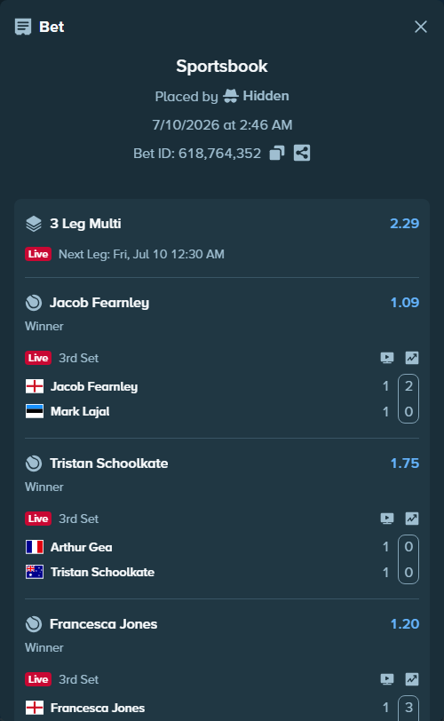 Bet slip: Francesca Jones - Leolia Jeanjean, $33,833.00 stake at 1.20 odds, placed by Hidden
