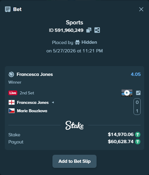 Bet slip: Francesca Jones - Marie Bouzkova, $15,000.00 stake at 4.05 odds, placed by Hidden