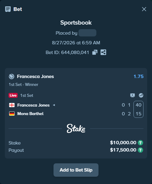 Bet slip: Francesca Jones - Mona Barthel, $10,000.00 stake at 1.75 odds, placed by WinTr10