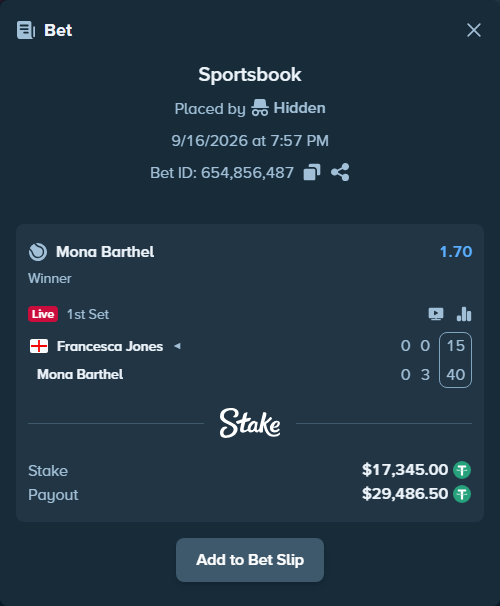 Bet slip: Francesca Jones - Mona Barthel, $17,345.00 stake at 1.70 odds, placed by Hidden