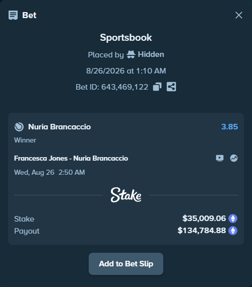 Bet slip: Francesca Jones - Nuria Brancaccio, $34,798.29 stake at 3.85 odds, placed by Hidden