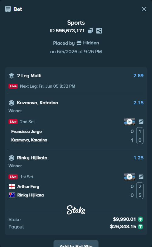 Bet slip: Francisca Jorge - Kuzmova, Katarina, $10,000.00 stake at 2.15 odds, placed by Hidden