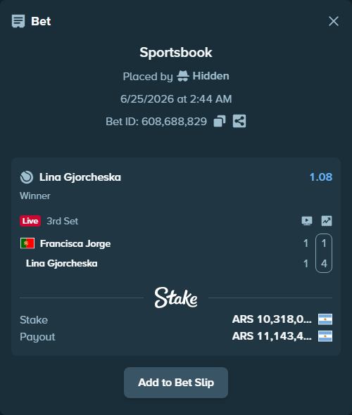 Bet slip: Francisca Jorge - Lina Gjorcheska, $11,349.80 stake at 1.08 odds, placed by Hidden