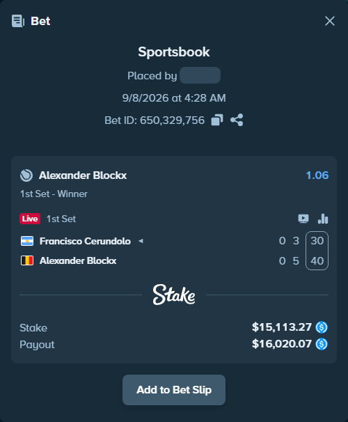 Bet slip: Francisco Cerundolo - Alexander Blockx, $15,113.27 stake at 1.06 odds, placed by Arbe7