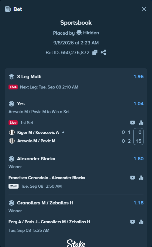 Bet slip: Francisco Cerundolo - Alexander Blockx, $50,000.00 stake at 1.60 odds, placed by Hidden