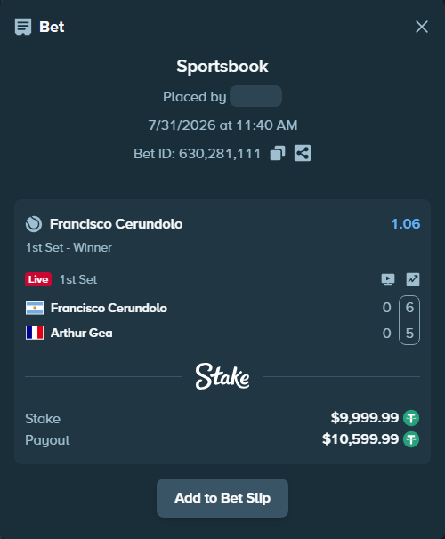 Bet slip: Francisco Cerundolo - Arthur Gea, $10,009.99 stake at 1.06 odds, placed by lillaith