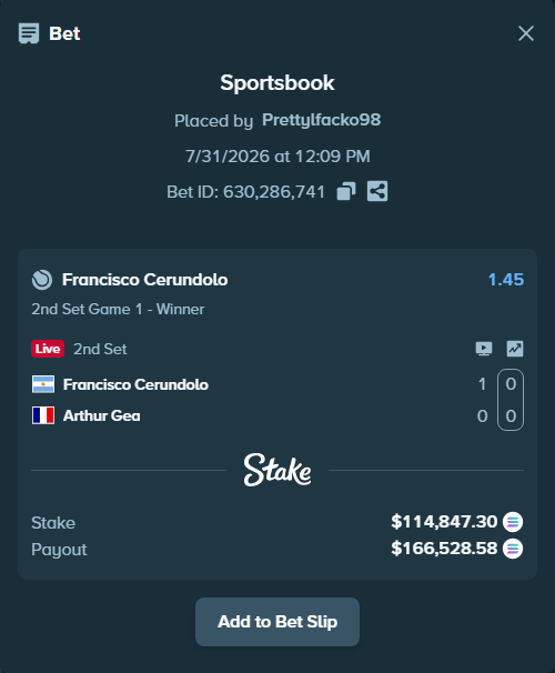 Bet slip: Francisco Cerundolo - Arthur Gea, $112,586.92 stake at 1.45 odds, placed by Prettylfacko98