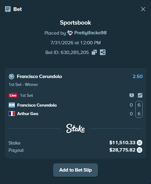 Bet slip: Francisco Cerundolo - Arthur Gea, $11,258.69 stake at 2.50 odds, placed by Prettylfacko98