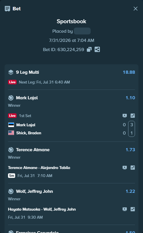 Bet slip: Francisco Cerundolo - Arthur Gea, $13,678.13 stake at 1.50 odds, placed by Prettylfacko98