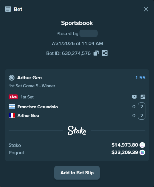 Bet slip: Francisco Cerundolo - Arthur Gea, $14,483.23 stake at 1.55 odds, placed by Prettylfacko98