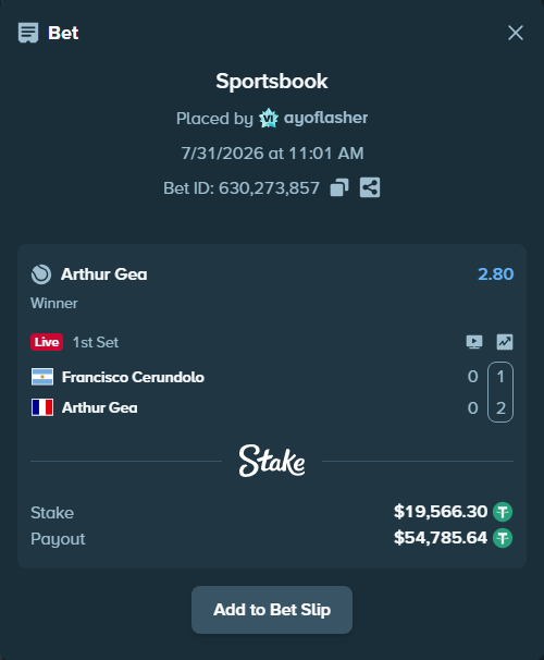 Bet slip: Francisco Cerundolo - Arthur Gea, $19,585.87 stake at 2.80 odds, placed by ayoflasher