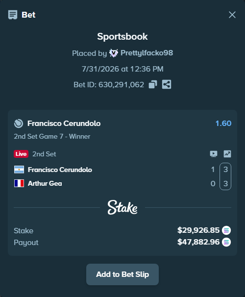 Bet slip: Francisco Cerundolo - Arthur Gea, $29,381.34 stake at 1.60 odds, placed by Prettylfacko98