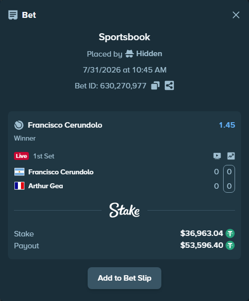 Bet slip: Francisco Cerundolo - Arthur Gea, $37,000.00 stake at 1.45 odds, placed by Hidden