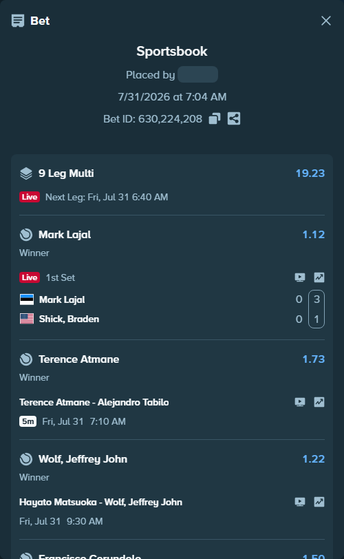 Bet slip: Francisco Cerundolo - Arthur Gea, $81,957.25 stake at 1.50 odds, placed by Prettylfacko98