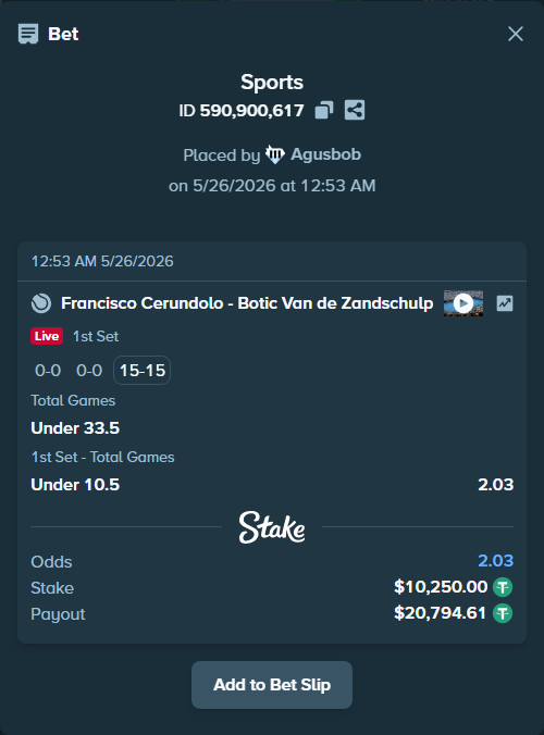 Bet slip: Francisco Cerundolo - Botic Van de Zandschulp, $10,260.25 stake at 1.80 odds, placed by Agusbob
