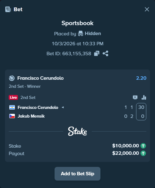 Bet slip: Francisco Cerundolo - Jakub Mensik, $10,000.00 stake at 2.20 odds, placed by Pierob76