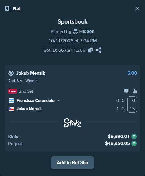 Bet slip: Francisco Cerundolo - Jakub Mensik, $10,000.00 stake at 5.00 odds, placed by Hidden