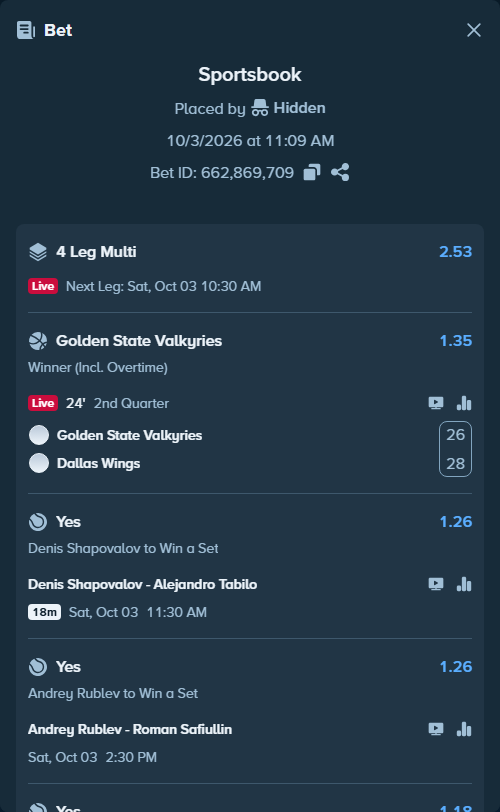 Bet slip: Francisco Cerundolo - Jakub Mensik, $9,260.18 stake at 1.18 odds, placed by Hidden