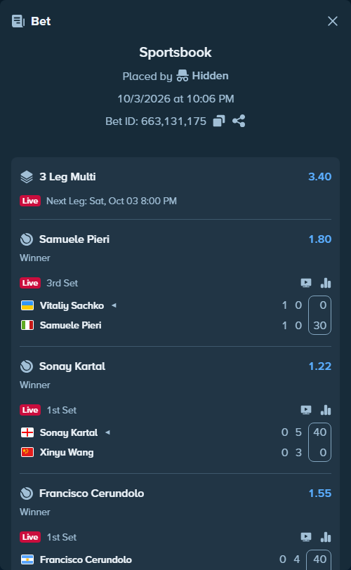 Bet slip: Francisco Cerundolo - Jakub Mensik, $11,232.00 stake at 1.55 odds, placed by Hidden