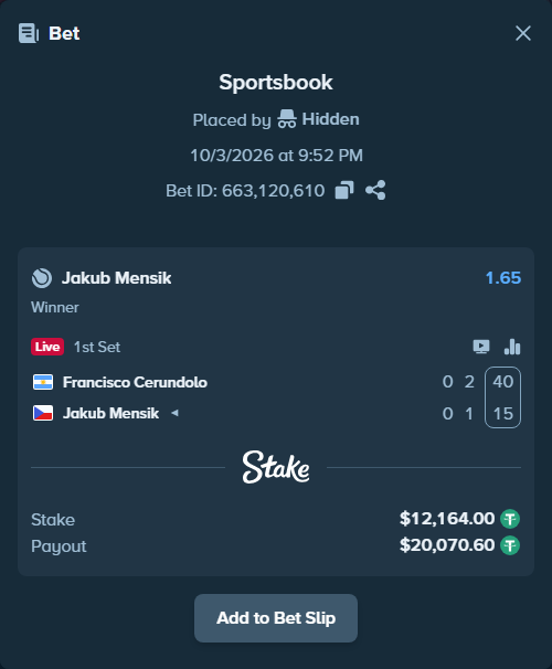 Bet slip: Francisco Cerundolo - Jakub Mensik, $12,164.00 stake at 1.65 odds, placed by Regenergy