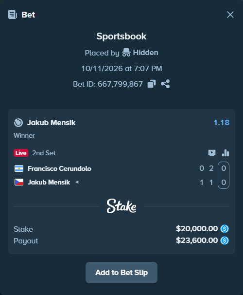Bet slip: Francisco Cerundolo - Jakub Mensik, $20,000.00 stake at 1.18 odds, placed by Hidden