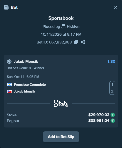 Bet slip: Francisco Cerundolo - Jakub Mensik, $30,000.00 stake at 1.30 odds, placed by SH7N28