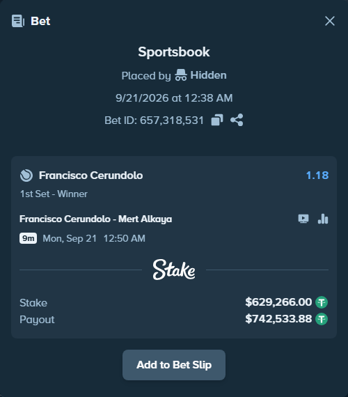 Bet slip: Francisco Cerundolo - Mert Alkaya, $629,266.00 stake at 1.18 odds, placed by Hidden