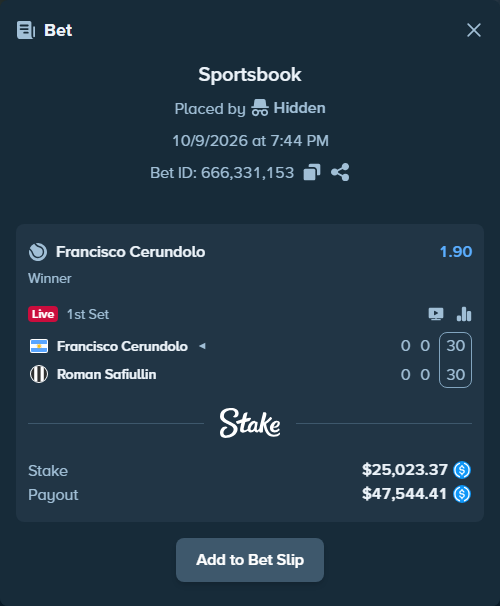 Bet slip: Francisco Cerundolo - Roman Safiullin, $25,023.37 stake at 1.90 odds, placed by Munnala4