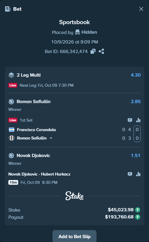 Bet slip: Francisco Cerundolo - Roman Safiullin, $45,069.00 stake at 2.85 odds, placed by Hidden