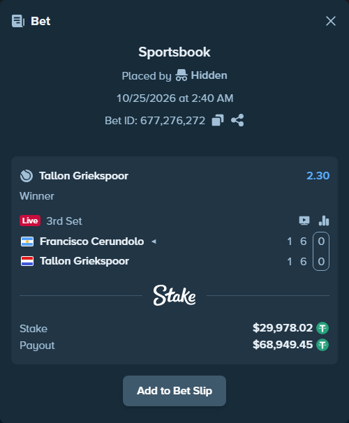 Bet slip: Francisco Cerundolo - Tallon Griekspoor, $30,008.00 stake at 2.30 odds, placed by Hidden