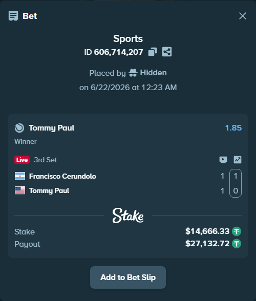 Bet slip: Francisco Cerundolo - Tommy Paul, $14,681.00 stake at 1.85 odds, placed by Hidden