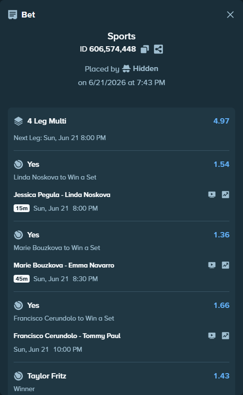 Bet slip: Francisco Cerundolo - Tommy Paul, $17,467.45 stake at 1.66 odds, placed by Hidden