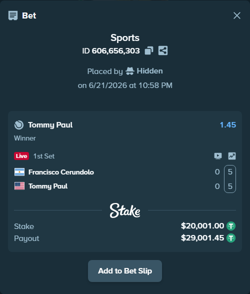Bet slip: Francisco Cerundolo - Tommy Paul, $20,021.00 stake at 1.45 odds, placed by Hidden