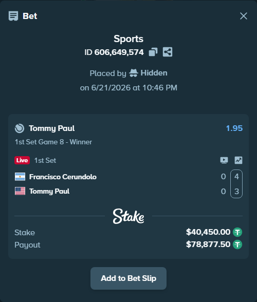 Bet slip: Francisco Cerundolo - Tommy Paul, $40,490.45 stake at 1.95 odds, placed by Hidden