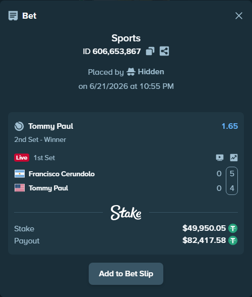 Bet slip: Francisco Cerundolo - Tommy Paul, $50,000.00 stake at 1.65 odds, placed by Hidden