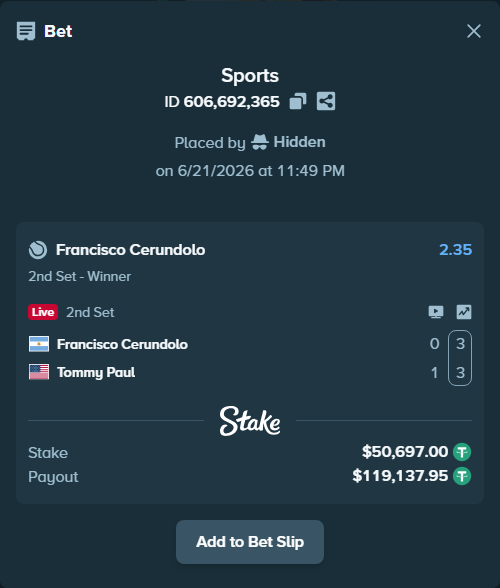 Bet slip: Francisco Cerundolo - Tommy Paul, $50,747.70 stake at 2.35 odds, placed by Hidden
