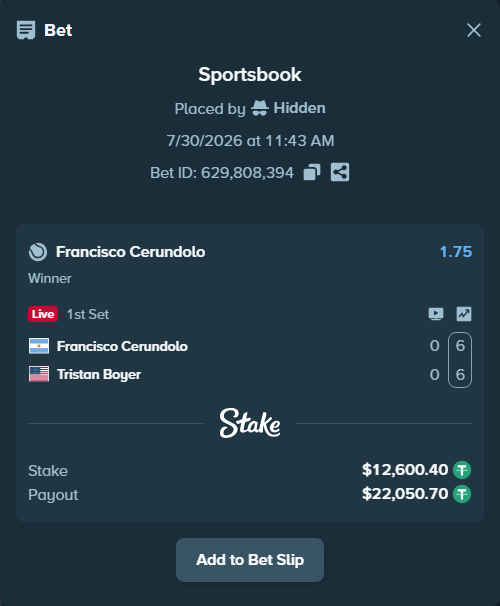Bet slip: Francisco Cerundolo - Tristan Boyer, $12,613.00 stake at 1.75 odds, placed by Hidden