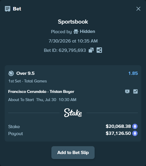 Bet slip: Francisco Cerundolo - Tristan Boyer, $20,101.71 stake at 1.85 odds, placed by Hidden