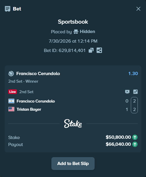 Bet slip: Francisco Cerundolo - Tristan Boyer, $50,850.80 stake at 1.30 odds, placed by Hidden