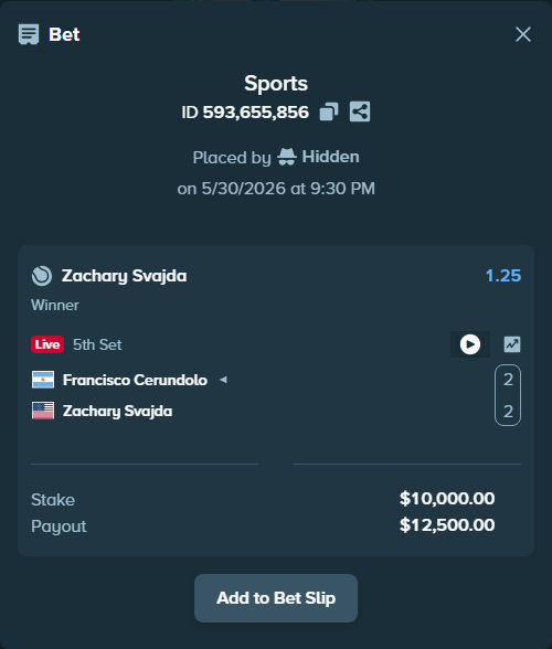 Bet slip: Francisco Cerundolo - Zachary Svajda, $10,000.00 stake at 1.25 odds, placed by Nick1188