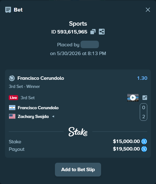 Bet slip: Francisco Cerundolo - Zachary Svajda, $15,000.00 stake at 1.30 odds, placed by Nick1188