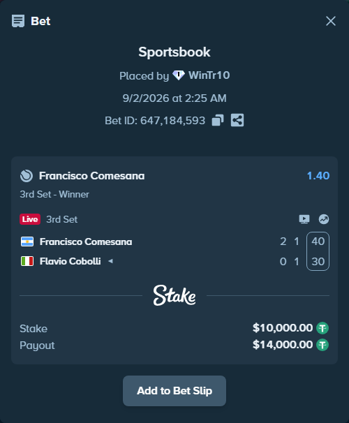 Bet slip: Francisco Comesana - Flavio Cobolli, $10,000.00 stake at 1.40 odds, placed by WinTr10