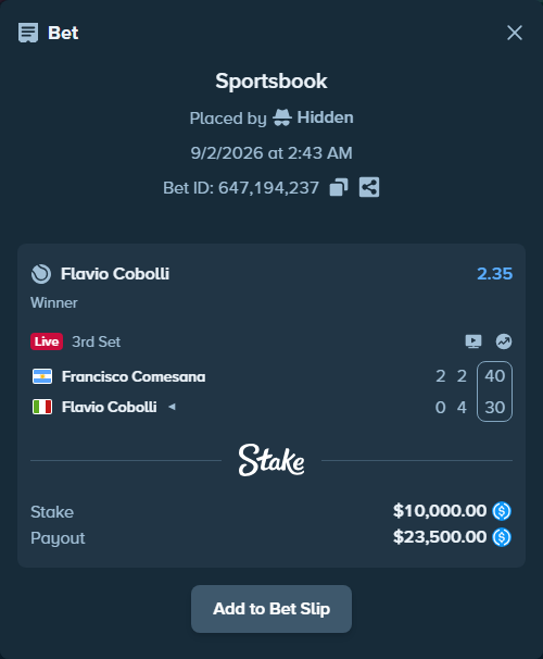 Bet slip: Francisco Comesana - Flavio Cobolli, $10,000.00 stake at 2.35 odds, placed by Hidden