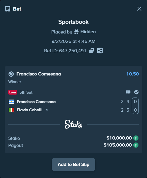 Bet slip: Francisco Comesana - Flavio Cobolli, $10,000.00 stake at 10.50 odds, placed by Hidden
