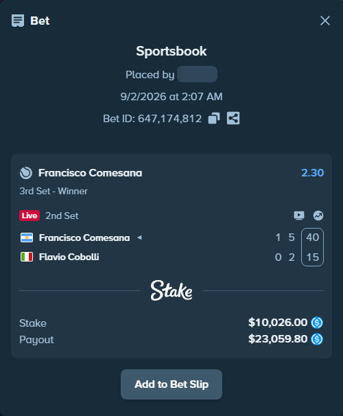 Bet slip: Francisco Comesana - Flavio Cobolli, $10,026.00 stake at 2.30 odds, placed by Combos39