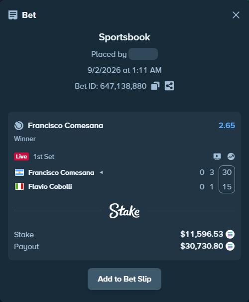 Bet slip: Francisco Comesana - Flavio Cobolli, $11,362.94 stake at 2.65 odds, placed by Mashko21