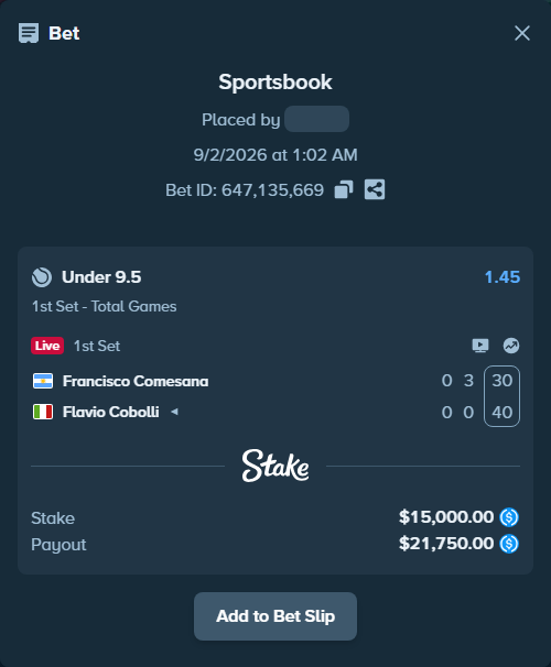 Bet slip: Francisco Comesana - Flavio Cobolli, $15,000.00 stake at 1.45 odds, placed by privetmedvet15