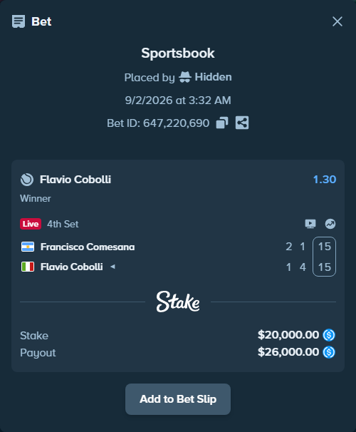 Bet slip: Francisco Comesana - Flavio Cobolli, $20,000.00 stake at 1.30 odds, placed by Hidden