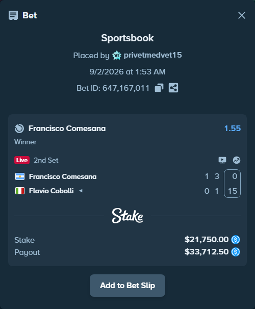 Bet slip: Francisco Comesana - Flavio Cobolli, $21,750.00 stake at 1.55 odds, placed by privetmedvet15